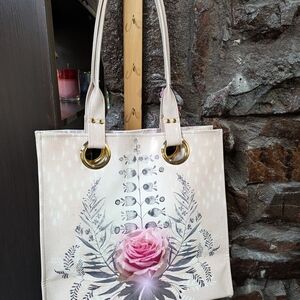 Cream and Pink Botanical Tote Bag with Gold Accents